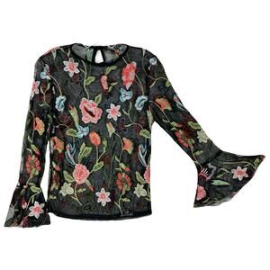 NWOT PIANO C Blouse Women S ITALY Mesh Floral Embroidery Flared-Long-Slv Stretch